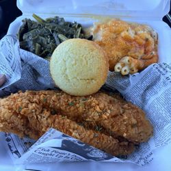 Catfish, greens, mac and cheese, cornbread