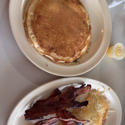 Food Basket - Chocolate chip pancake, hashbrowns, and bacon