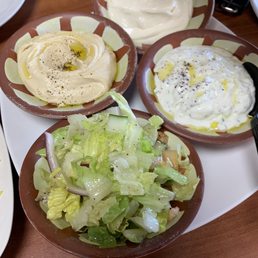 Hummus, Garlic Sauce, Tatziki, and Green Salad Hummus, Garlic Sauce, Tatziki, and Green Salad