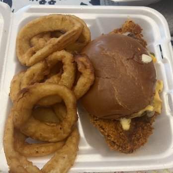 Hanz Diner - Hot Chicken Sandwich with Onion Rings - American Near Me - Houston, Texas Hanz Diner - Hot Chicken Sandwich with Onion Rings - American Near Me - Houston, Texas