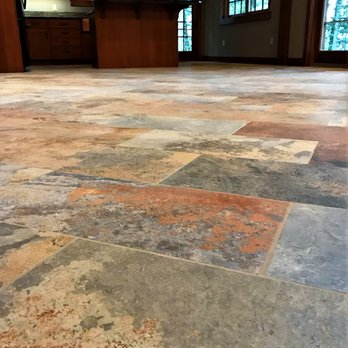 Rust Tile & Stone - Slate look a like Porcelain tiled floor in Idaho lake cabin. Install by RTS - Tiling Near Me