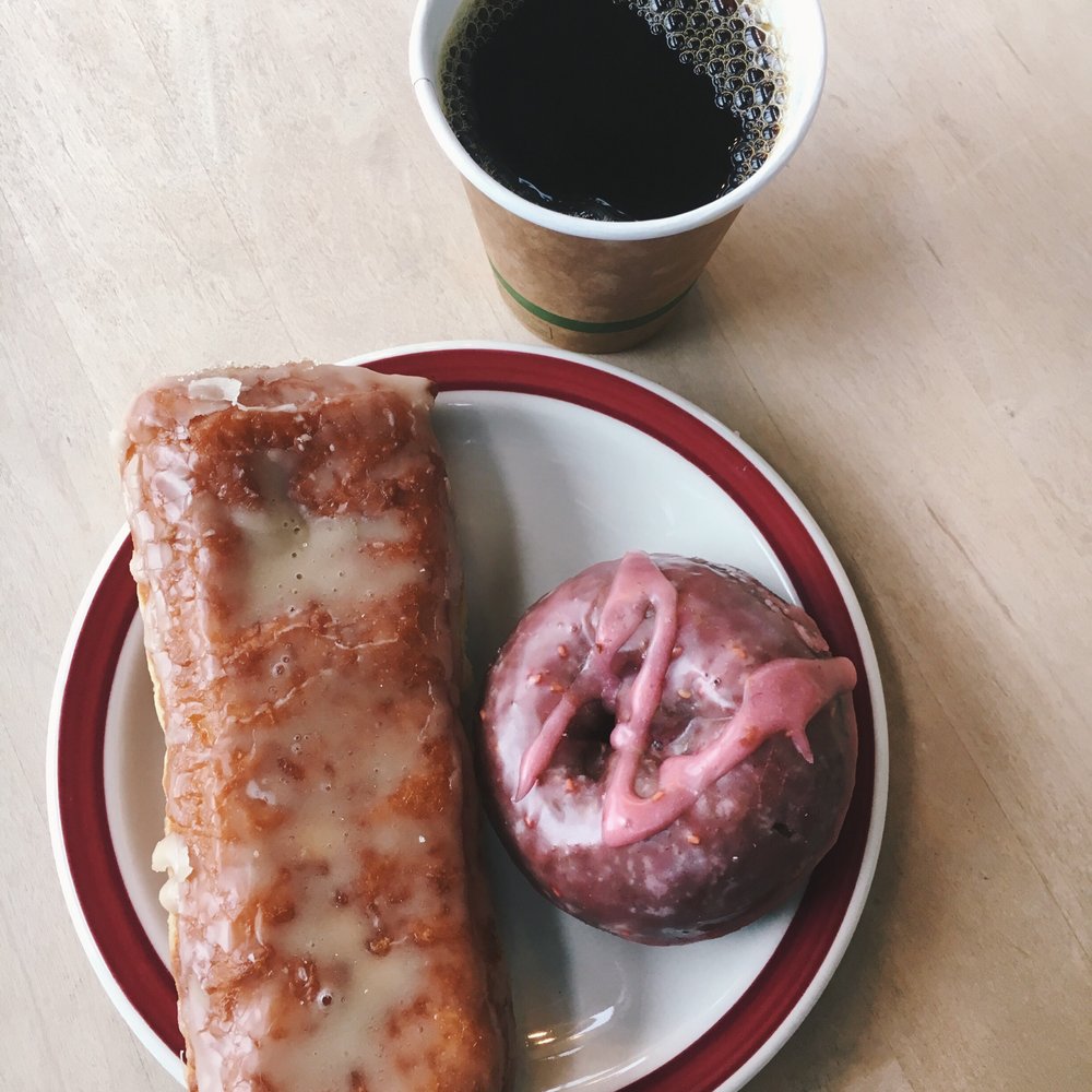 Mighty-O Donuts - Maple bar and raspberry chocolate - Donuts Near Me - Seattle, Washington Mighty-O Donuts - Maple bar and raspberry chocolate - Donuts Near Me - Seattle, Washington