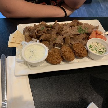 Hummus Cafe - Gyro Plate with hummus and falafel. - Mediterranean Near Me - Oklahoma City, Oklahoma Hummus Cafe - Gyro Plate with hummus and falafel. - Mediterranean Near Me - Oklahoma City, Oklahoma