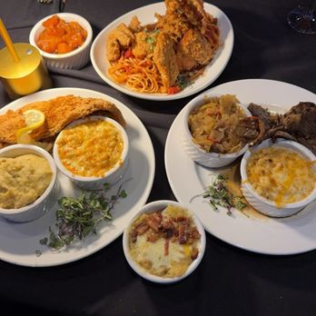 Noir Kitchen & Cocktails - Our plates seafood spaghetti, fish with side of mash potatoes and macaroni, loaded mashed potatoes macaroni and cabbage with lamb chops - Soul Food Near Me - Nashville, Tennessee Noir Kitchen & Cocktails - Our plates seafood spaghetti, fish with side of mash potatoes and macaroni, loaded mashed potatoes macaroni and cabbage with lamb chops - Soul Food Near Me - Nashville, Tennessee