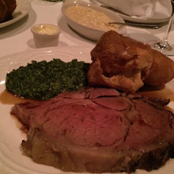 Summit House - Medium rare prime rib, creamed spinach, Yorkshire pudding YUM! - Steakhouses Near Me - Fullerton, California