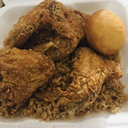 4 wings with fried rice and biscuit. Red sauce on the side. 4 wings with fried rice and biscuit. Red sauce on the side.