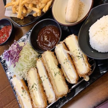 Katsuya - Cheese brick cutlet, fries and crab cheese balls in the back - Japanese Near Me - Coquitlam, British Columbia