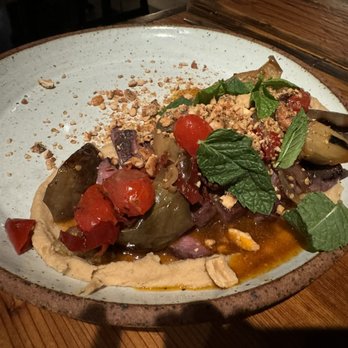 Intero Restaurant - wagyu beef sausage, eggplant, tomato, chickpea, cashew - Italian Near Me - Austin, Texas