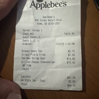 Applebee's Grill + Bar - Receipt - American Near Me - Rome, Georgia