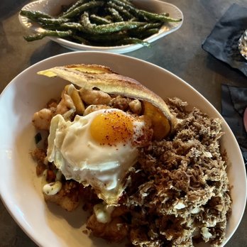 FINKA Table & Tap - Cuban Fried Rice with vaca frita and a side of truffled green beans - Asian Fusion Near Me - Miami, Florida