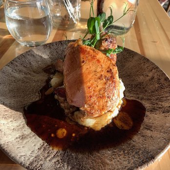 Sky Bistro - PORK: Bear and the Flower Farm's Bone-In Loin, Birch Syrup Glaze, Truffle Mash, Roasted Carrot, Apple Cherry Chutney - Canadian (New) Near Me - Banff, Alberta