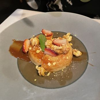 Zacatlán Restaurant - Flan de Elote - Custard, freeze dried corn. Carmelized popcorn - Mexican Near Me - Santa Fe, New Mexico