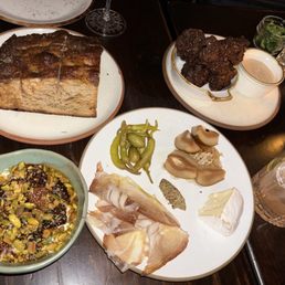 Logan's Sourdough Focaccia, Stracciatella, Speck and Nimbus charcuterie, Smoked Trout & Corn Fritters
