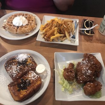 Brownstone Pancake Factory - Country Fried chicken with Stuffed raisin French Toast, Disco Fries, plain waffle - Breakfast & Brunch Near Me - Edgewater, New Jersey Brownstone Pancake Factory - Country Fried chicken with Stuffed raisin French Toast, Disco Fries, plain waffle - Breakfast & Brunch Near Me - Edgewater, New Jersey