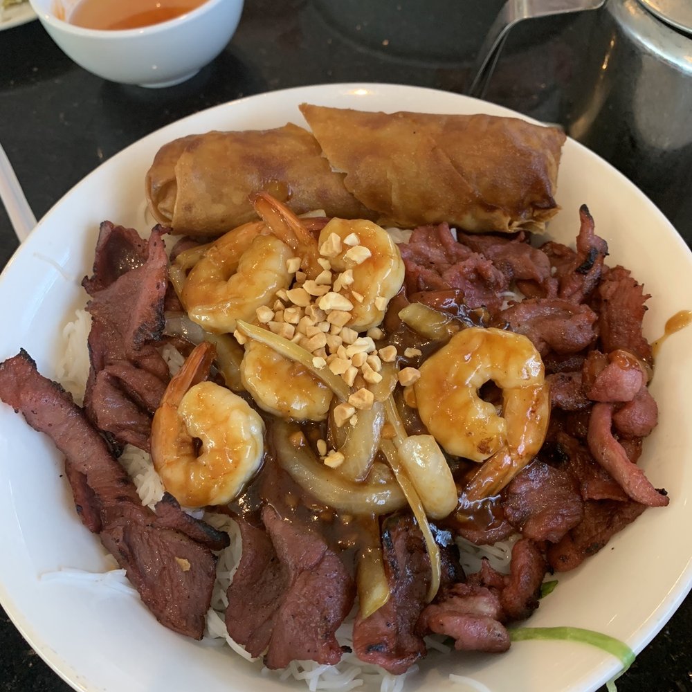 B-5 Combination Shrimp, Char-Broiled Pork, Egg Roll and Noodles B-5 Combination Shrimp, Char-Broiled Pork, Egg Roll and Noodles