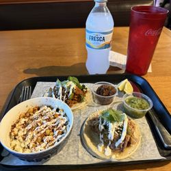 Hatch-it Green Chile Burgers & Tacos - Street tacos: green chile pork and red chile pork. Street corn and a Fresca.