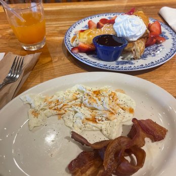 Cracker Barrel Old Country Store - Egg whites, stuffed strawberry cheesecake pancakes, and Thick-Sliced Bacon, with a peach mimosa. - Breakfast & Brunch Near Me - South Tulsa, Oklahoma Cracker Barrel Old Country Store - Egg whites, stuffed strawberry cheesecake pancakes, and Thick-Sliced Bacon, with a peach mimosa. - Breakfast & Brunch Near Me - South Tulsa, Oklahoma