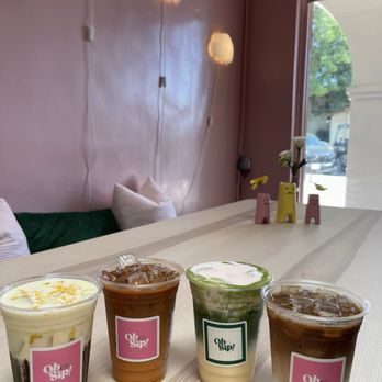 Oh Sip - Left to right: Mont Blanc, Bangkok Boost, Mango Matcha Latte (with added Strawberry Cloud), Oh Sip Latte - Coffee & Tea Near Me - San Gabriel, California Oh Sip - Left to right: Mont Blanc, Bangkok Boost, Mango Matcha Latte (with added Strawberry Cloud), Oh Sip Latte - Coffee & Tea Near Me - San Gabriel, California