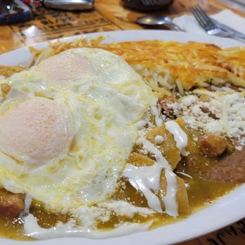 Corona Airport Cafe - Chilaquiles with Verde sauce. The sauce was good but the pork was super lean and hard. - American Near Me - Corona, California Corona Airport Cafe - Chilaquiles with Verde sauce. The sauce was good but the pork was super lean and hard. - American Near Me - Corona, California