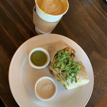 Lost Parrot Cafe - The breakfast burrito with the house made soy chorizo and the Cali Gold Tumeric latte. - Breakfast & Brunch Near Me - South Pasadena, California Lost Parrot Cafe - The breakfast burrito with the house made soy chorizo and the Cali Gold Tumeric latte. - Breakfast & Brunch Near Me - South Pasadena, California