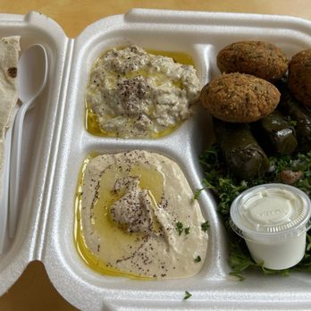 Baraka Shawarma - Vegetarian Plate: hummus, babaganoush, tabouli, falafel, grape leaves, and pita - Mediterranean Near Me - Atlanta, Georgia Baraka Shawarma - Vegetarian Plate: hummus, babaganoush, tabouli, falafel, grape leaves, and pita - Mediterranean Near Me - Atlanta, Georgia