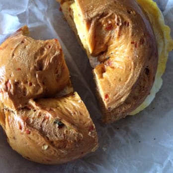 Brooklyn Bagel Bakery - BEC on Jalapeño Cheddar (minus one bite) - Bagels Near Me - Arlington, Virginia Brooklyn Bagel Bakery - BEC on Jalapeño Cheddar (minus one bite) - Bagels Near Me - Arlington, Virginia