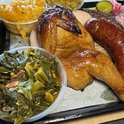 Horn Barbecue - Collard Greens, Half Chicken, Hot Link and Mac n Cheese.