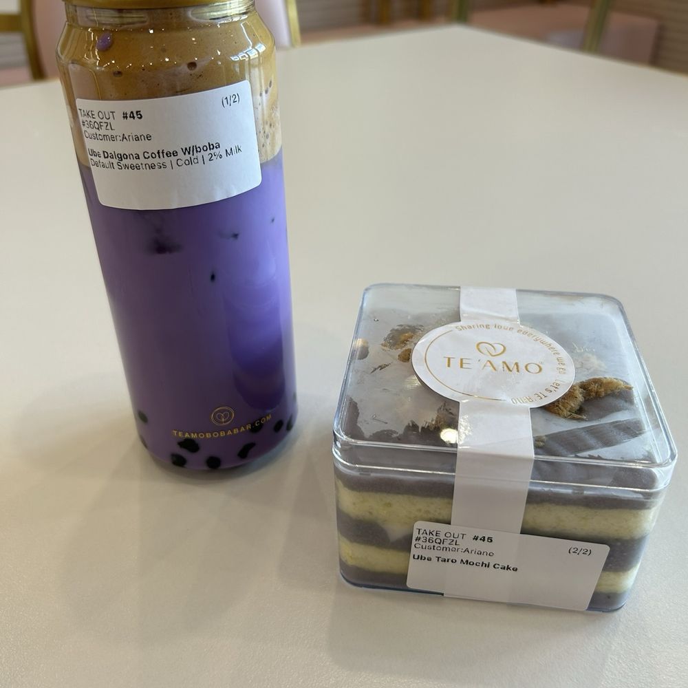 Ube and coffee drink with ube cake Ube and coffee drink with ube cake