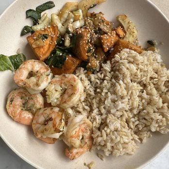Flower Child - Shrimp Simple Steamed Brown Rice Red Chile Glazed Sweet Potato - Salad Near Me - Austin, Texas Flower Child - Shrimp Simple Steamed Brown Rice Red Chile Glazed Sweet Potato - Salad Near Me - Austin, Texas