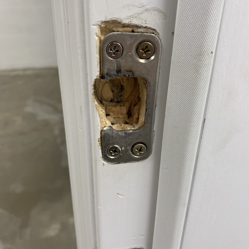 Super Locksmith - This is the striker plate after installation. A brand new house, damaged on the first day. - Keys & Locksmiths Near Me - Lakeland, Florida Super Locksmith - This is the striker plate after installation. A brand new house, damaged on the first day. - Keys & Locksmiths Near Me - Lakeland, Florida