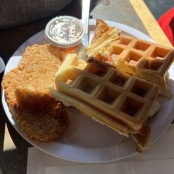 Batter Up - MVP Waffle Sandwich with Baconsausage, Egg and Cheese, side of Hashbrown - Breakfast & Brunch Near Me - Portland, Oregon