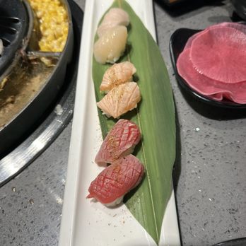 Bros Korean BBQ Sushi Shabu - Top 2 - Scallop nigiri Middle 2 - seared salmon nigiri Bottom 2 - seared tuna - Korean Near Me - Carrollton, Texas Bros Korean BBQ Sushi Shabu - Top 2 - Scallop nigiri Middle 2 - seared salmon nigiri Bottom 2 - seared tuna - Korean Near Me - Carrollton, Texas