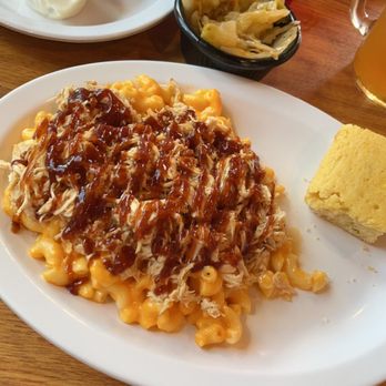 Barbecue And Bourbon - Shredded chicken with Mac n cheese and cornbread, side of cabbage - Barbeque Near Me - Speedway, Indiana