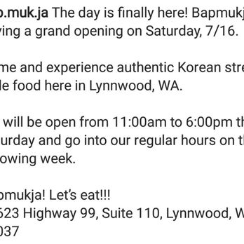 Bapmukja - Screenshot from their Instagram. Details for their grand opening today (7/16/22) - Korean Near Me - Lynnwood, Washington Bapmukja - Screenshot from their Instagram. Details for their grand opening today (7/16/22) - Korean Near Me - Lynnwood, Washington