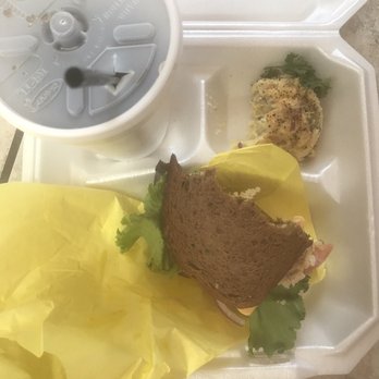 The Upper Crust Sandwich Shoppe - Top view of my tuna sandwich on squaw potato salad and can't play Mentary fountain drink - Delis Near Me - Riverside, California The Upper Crust Sandwich Shoppe - Top view of my tuna sandwich on squaw potato salad and can't play Mentary fountain drink - Delis Near Me - Riverside, California