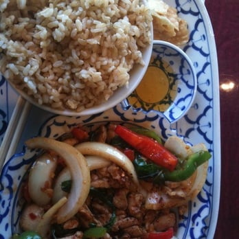President Thai - Chicken basil dish with brown rice. Mmm... Lunch special $6.99 +$1 for brown rice. - Thai Near Me - Pasadena, California President Thai - Chicken basil dish with brown rice. Mmm... Lunch special $6.99 +$1 for brown rice. - Thai Near Me - Pasadena, California