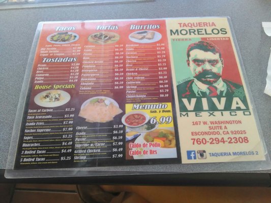 Menu photo 1 Taqueria Morelos Escondido, CA