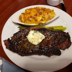 Carbon Country Club Restaurant - Loaded Mashed potatoes, Asparagus and Coffee rubbed Ribeye.