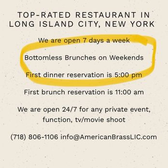 American Brass - Bottomless brunch proof from 2-3 days prior to reservation - Seafood Near Me - Long Island City, New York American Brass - Bottomless brunch proof from 2-3 days prior to reservation - Seafood Near Me - Long Island City, New York
