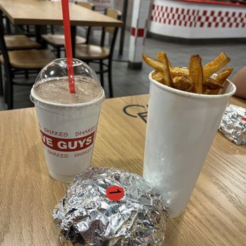 Five Guys - Chocolate milkshake with bacon and caramel; large Cajuns fries; little bacon burger with an extra patty and most of toppings. - Burgers Near Me - Danville, California Five Guys - Chocolate milkshake with bacon and caramel; large Cajuns fries; little bacon burger with an extra patty and most of toppings. - Burgers Near Me - Danville, California