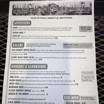 Ouray Brewery - Summer menu - New American Near Me - Ouray, Colorado