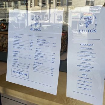 Bluto's - Menu on the window - Sept 2023 - sorry for the glare - Greek Near Me - Portland, Oregon