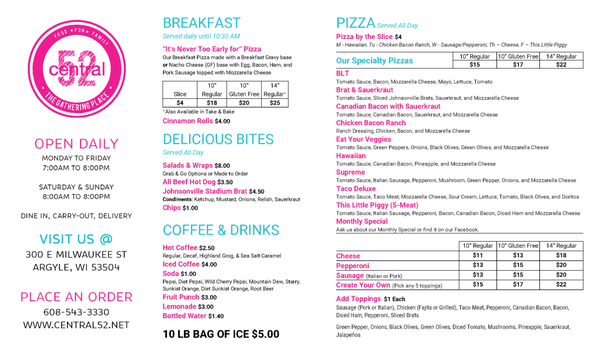 Menu photo 2 Central 52 Argyle, WI