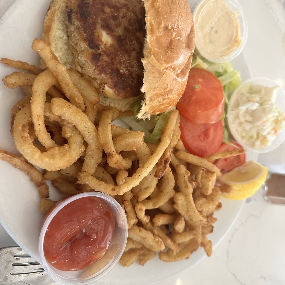 Mr Shrimp - Crab cake sandwich with frizzled onions - Seafood Markets Near Me - Belmar, New Jersey