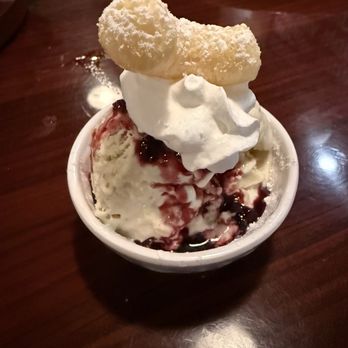 Woowa - Dessert: Chef's special. Vanilla ice cream with blueberry drizzle, whip cream, and topped with Korean rice cracker - Korean Near Me - Gardena, California