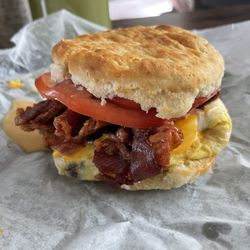 BTM food truck - Bacon egg and cheese biscuit with mayonnaise and tomato.