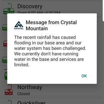 Crystal Mountain Resort - Apparently there's a flood. Are you kidding? Then,20 minutes later.... 1/2 - Ski Resorts Near Me - Enumclaw, Washington Crystal Mountain Resort - Apparently there's a flood. Are you kidding? Then,20 minutes later.... 1/2 - Ski Resorts Near Me - Enumclaw, Washington