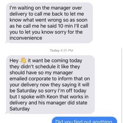 Conn's HomePlus - Text from Conn's rep of failure to schedule delivery as promised.