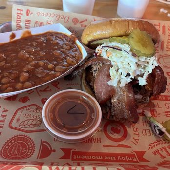 The Inked Pig - Triple Threat Sandwich with side of Smoked Beans! - Barbeque Near Me - Gainesville, Georgia