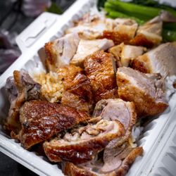 Roast Pork and BBQ Duck with Rice, Vegetables, and Soup